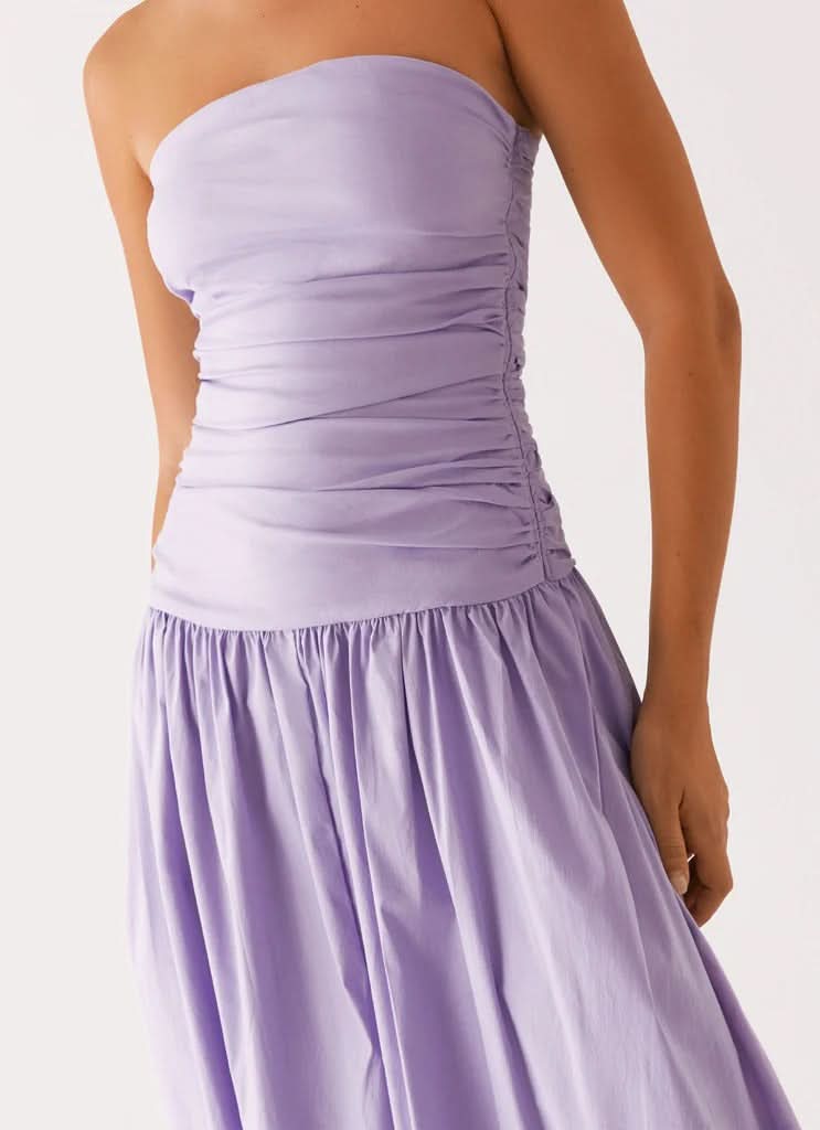 Lavender strapless maxi dress with gathered waist, close-up of bodice ruching