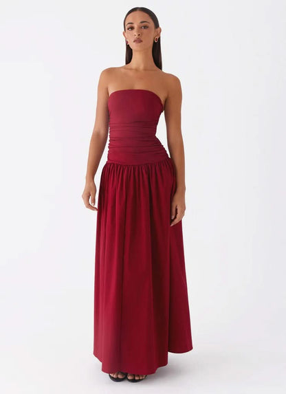 Wine red strapless maxi dress with gathered waist and full A-line skirt