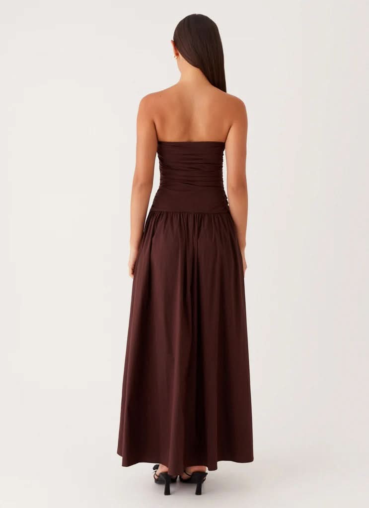 Back view burgundy strapless maxi dress with open back