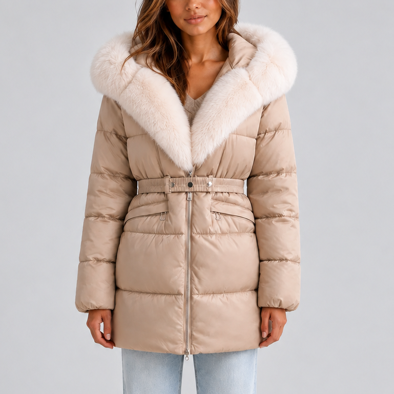 ROBYN | BELTED FAUX FUR PUFFER COAT - Beige