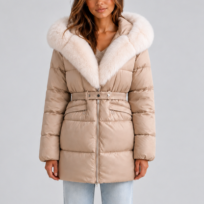 ROBYN | BELTED FAUX FUR PUFFER COAT - Beige