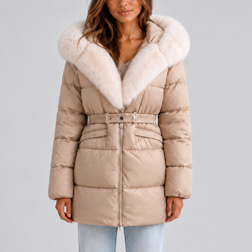 ROBYN | BELTED FAUX FUR PUFFER COAT - Beige
