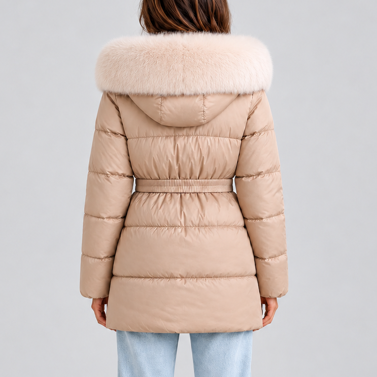 ROBYN | BELTED FAUX FUR PUFFER COAT - Beige