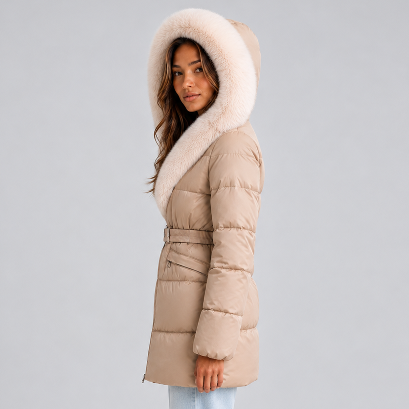 ROBYN | BELTED FAUX FUR PUFFER COAT - Beige