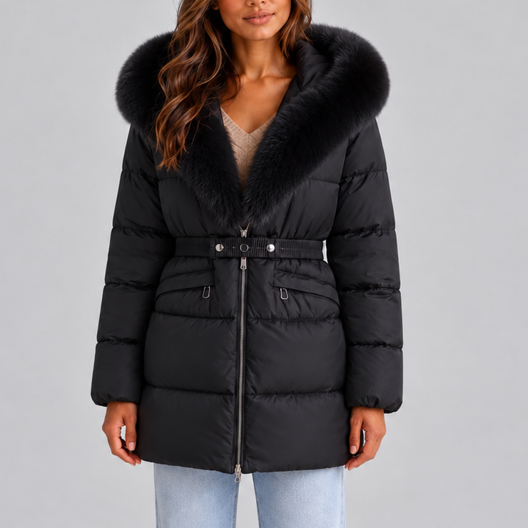 ROBYN | BELTED FAUX FUR PUFFER COAT - Black