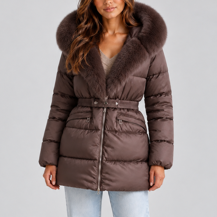 ROBYN | BELTED FAUX FUR PUFFER COAT - Brown