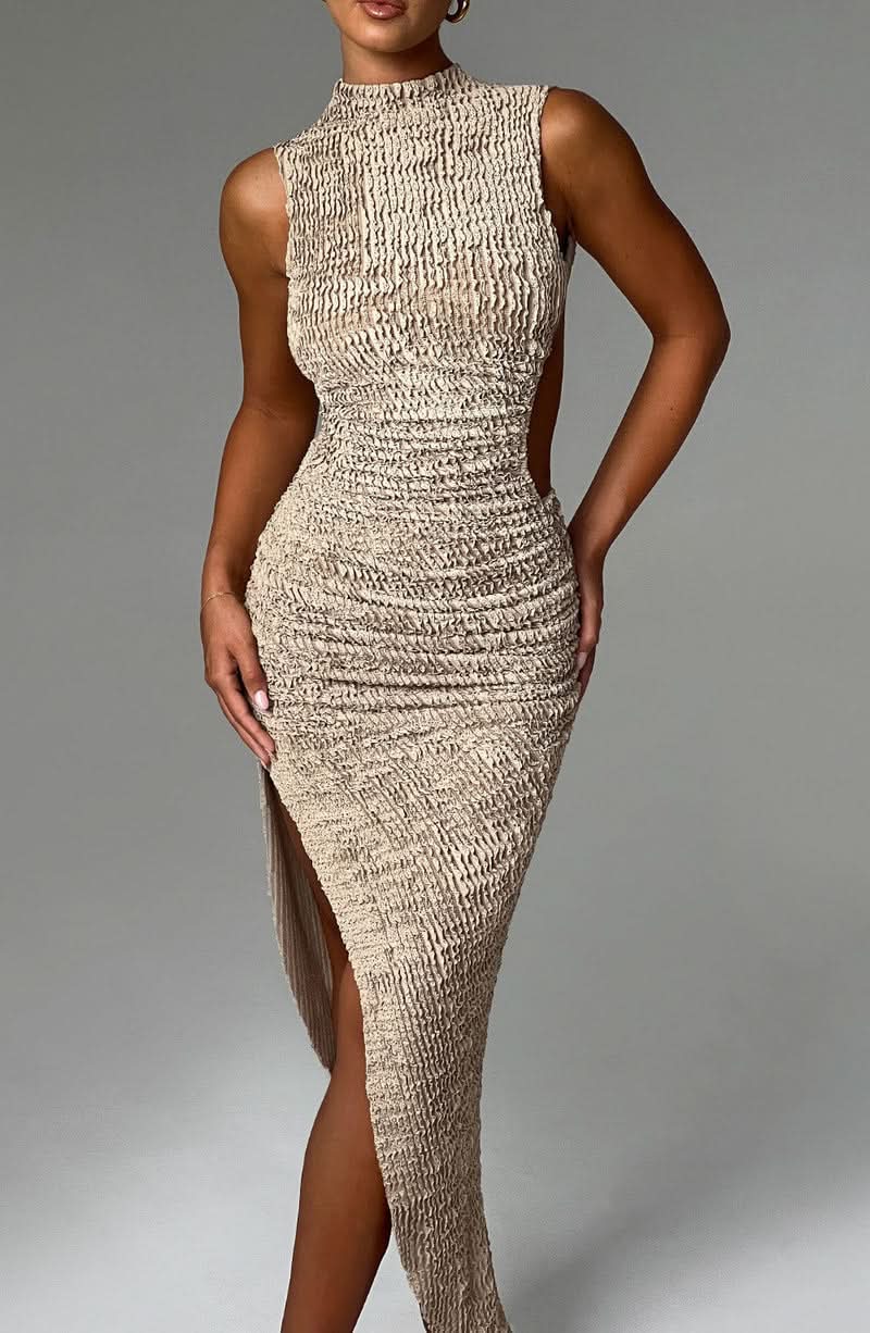 Beige textured sleeveless midi dress with ruched waist and side slit