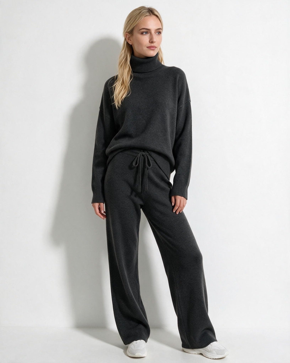 ROISIN | TURTLENECK WIDE LEG LOUNGEWEAR SET - Charcoal Gray