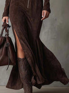 RONA | BELTED ZIP FRONT SUEDE MAXI DRESS - Chocolate Brown