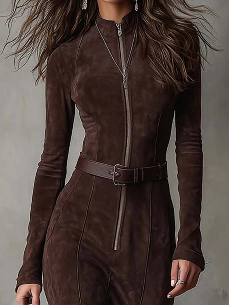 RONA | BELTED ZIP FRONT SUEDE MAXI DRESS - Chocolate Brown