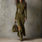 RONA | BELTED ZIP FRONT SUEDE MAXI DRESS - Olive Green