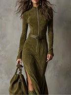 RONA | BELTED ZIP FRONT SUEDE MAXI DRESS - Olive Green