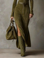 RONA | BELTED ZIP FRONT SUEDE MAXI DRESS - Olive Green