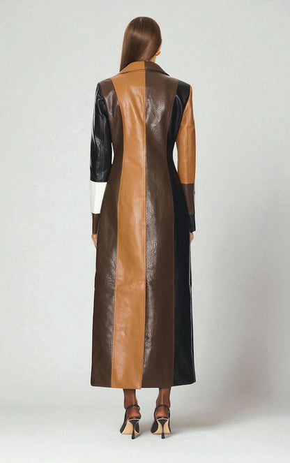 Back view of women's maxi leather coat with color-block panels in camel and black