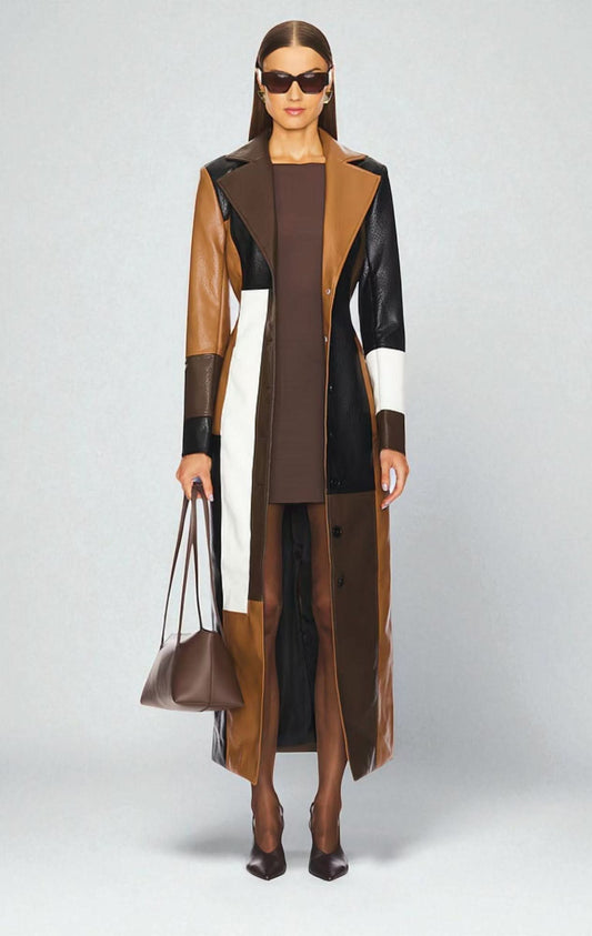 Women's camel and black color-block leather maxi coat front view with notched lapels