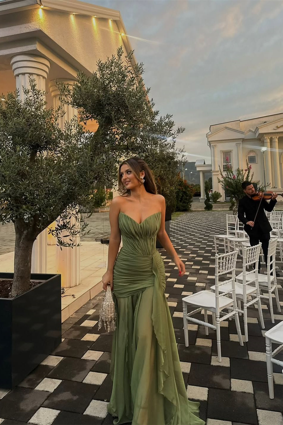 ROSAMUND | RUCHED CHIFFON GOWN - Moss Green