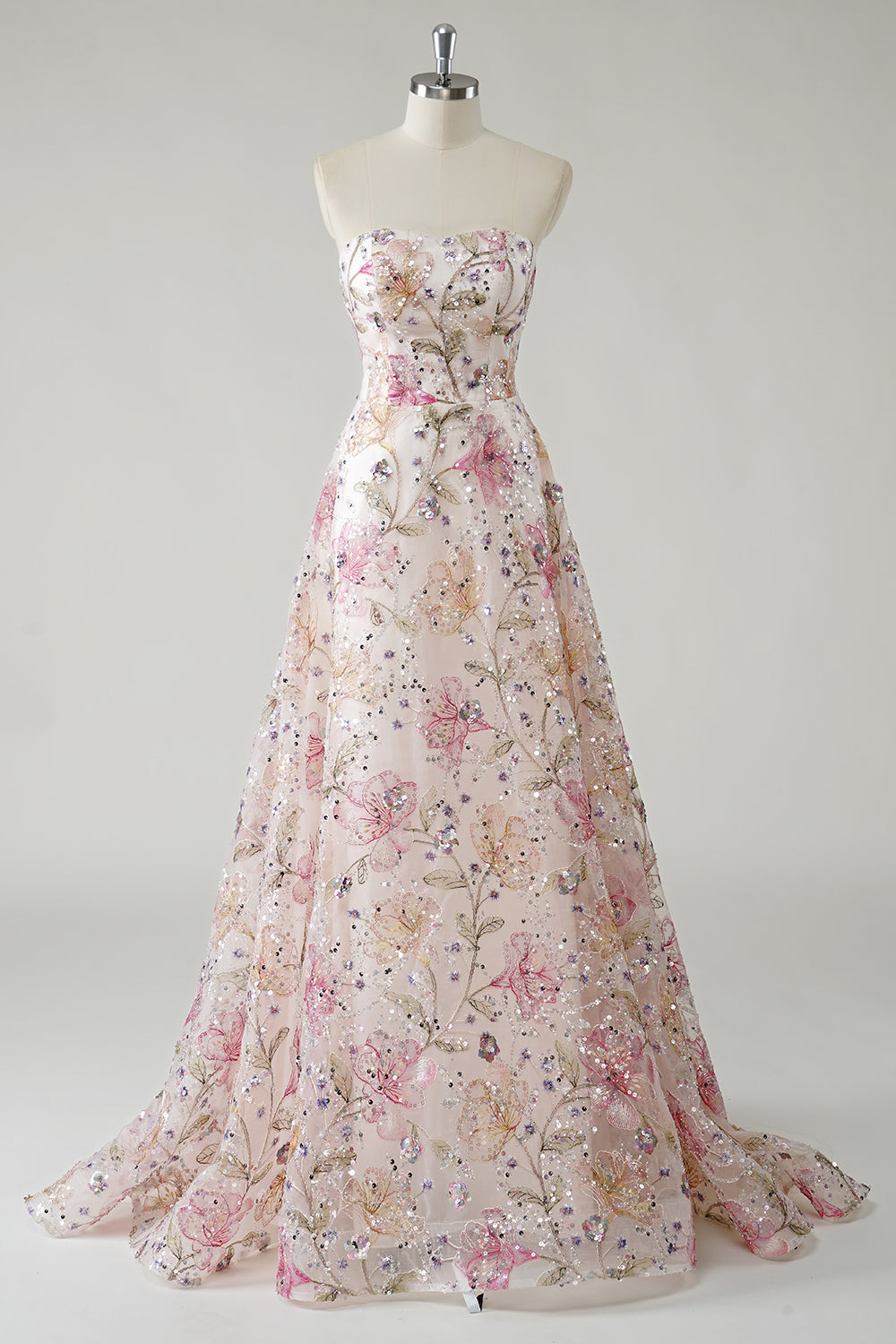 ROSANNA | STRAPLESS SEQUIN FLORAL GOWN - Ivory Floral