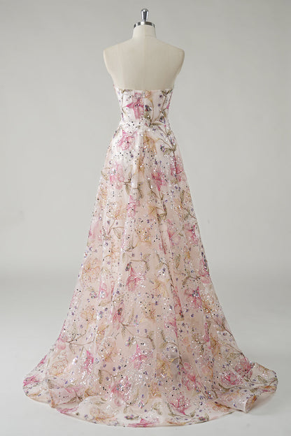 ROSANNA | STRAPLESS SEQUIN FLORAL GOWN - Ivory Floral