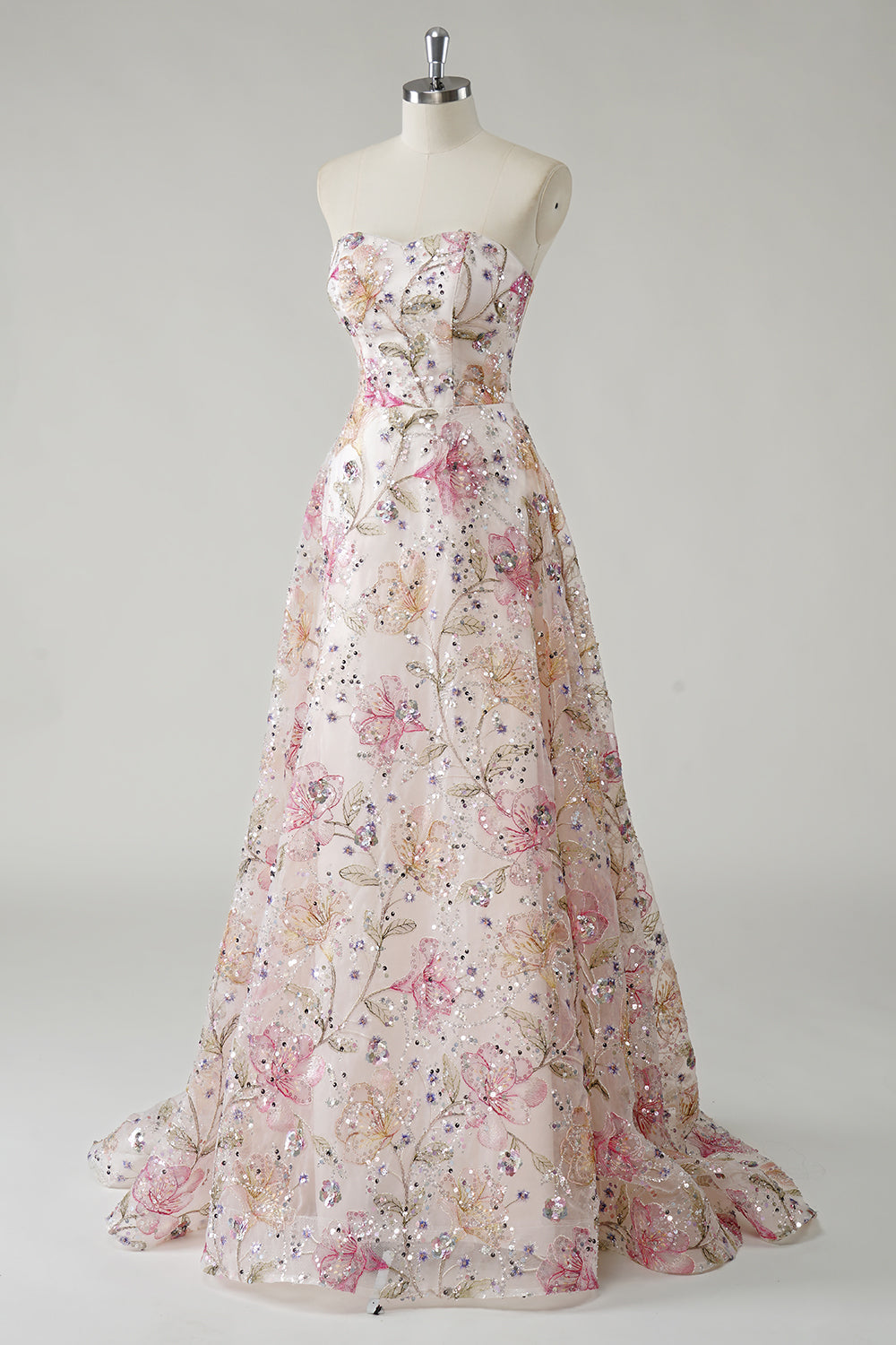 ROSANNA | STRAPLESS SEQUIN FLORAL GOWN - Ivory Floral