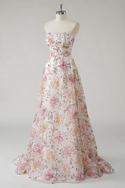 ROSANNA | STRAPLESS SEQUIN FLORAL GOWN - Ivory Floral