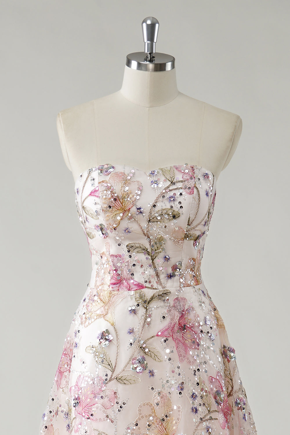 ROSANNA | STRAPLESS SEQUIN FLORAL GOWN - Ivory Floral