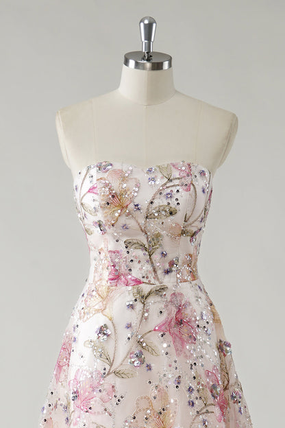 ROSANNA | STRAPLESS SEQUIN FLORAL GOWN - Ivory Floral