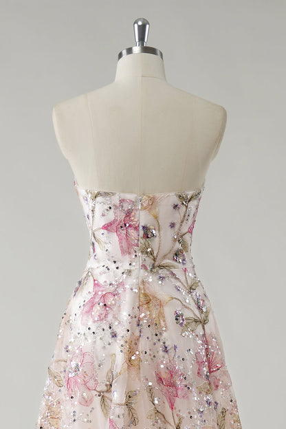 ROSANNA | STRAPLESS SEQUIN FLORAL GOWN - Ivory Floral