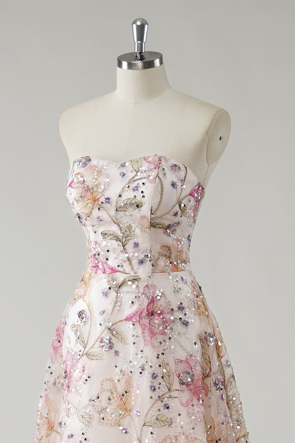 ROSANNA | STRAPLESS SEQUIN FLORAL GOWN - Ivory Floral