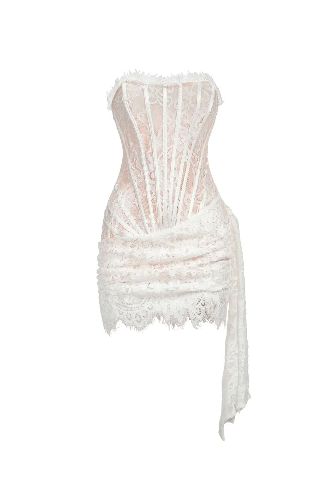 White lace strapless mini dress with corset bodice and flowing asymmetrical panel