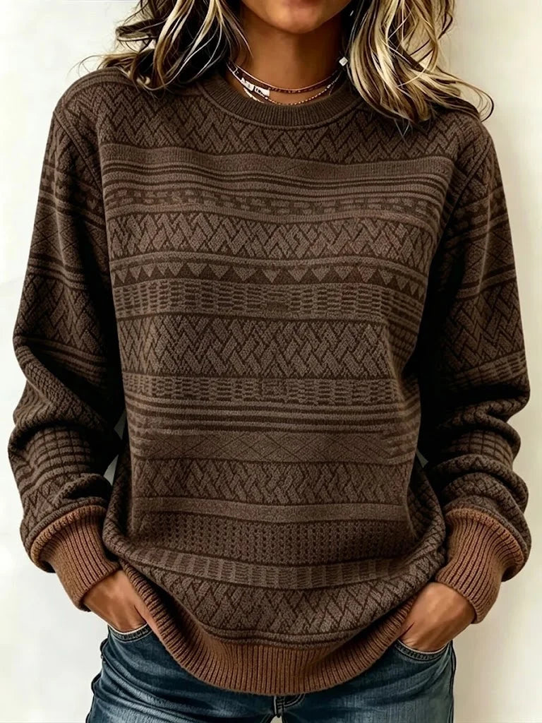 ROSITA | GEOMETRIC PRINT CREW NECK PULLOVER TOP - Chocolate Brown