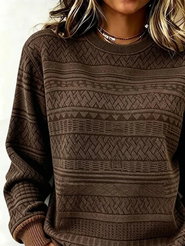 ROSITA | GEOMETRIC PRINT CREW NECK PULLOVER TOP - Chocolate Brown