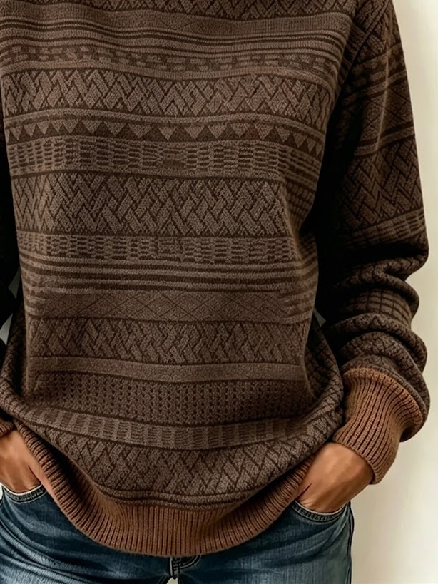 ROSITA | GEOMETRIC PRINT CREW NECK PULLOVER TOP - Chocolate Brown