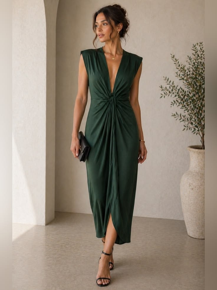 ROWENA | TWIST DEEP V MIDI DRESS - Emerald Green