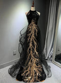 ROZALIA | EMBELLISHED HALTER MERMAID GOWN - Black and Gold