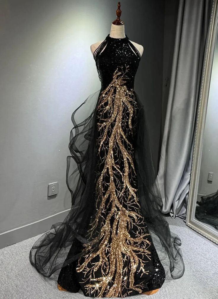 ROZALIA | EMBELLISHED HALTER MERMAID GOWN - Black and Gold