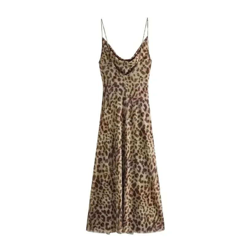 Leopard print maxi dress front view with deep V-neckline and spaghetti straps