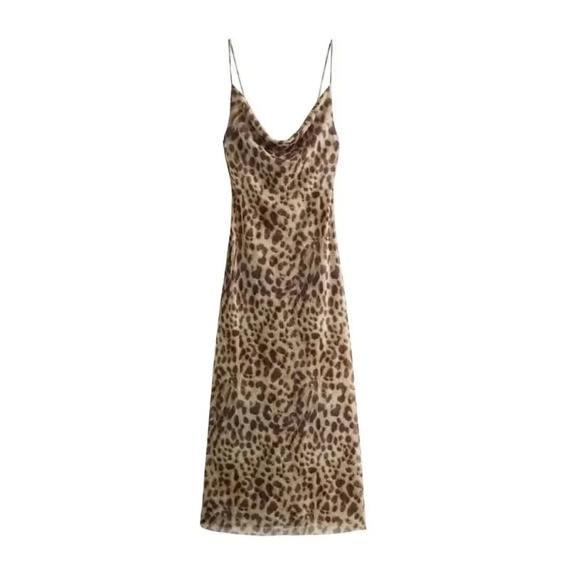 Leopard maxi dress front view displaying draped neckline and flowing skirt