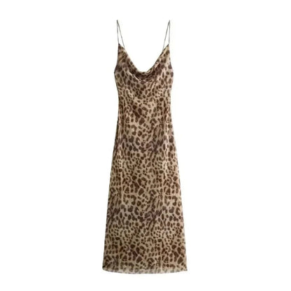 Leopard maxi dress front view displaying draped neckline and flowing skirt
