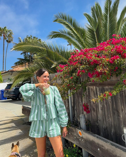 Mint green striped button-up shirt and shorts set for women, relaxed fit