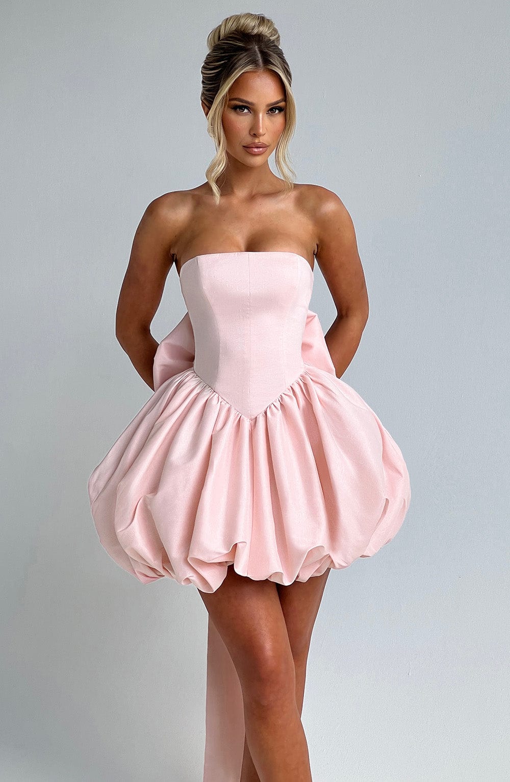 RYLA | STRAPLESS BOW BACK BUBBLE MINI DRESS - Blush Pink