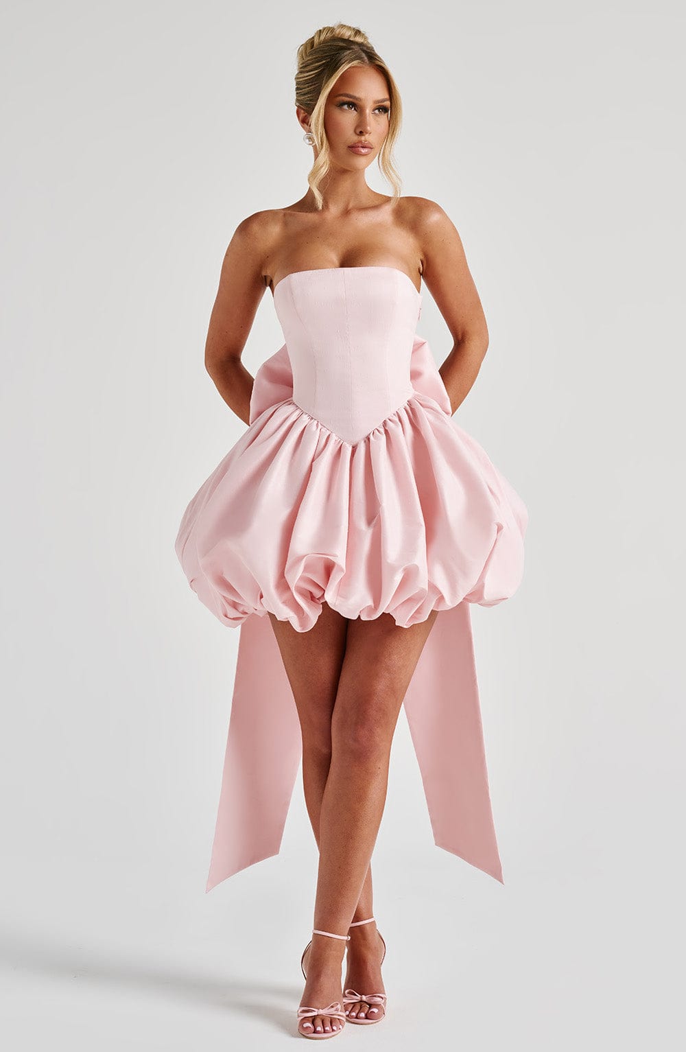 RYLA | STRAPLESS BOW BACK BUBBLE MINI DRESS - Blush Pink