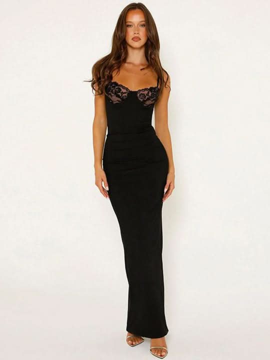 Black bodycon maxi dress featuring fitted silhouette and ankle-length hem
