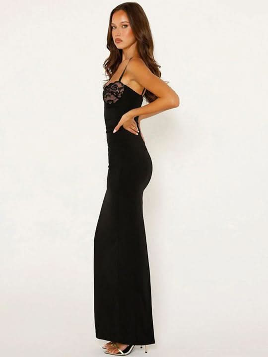 Black maxi dress with side slit and sleek knit fabric for women