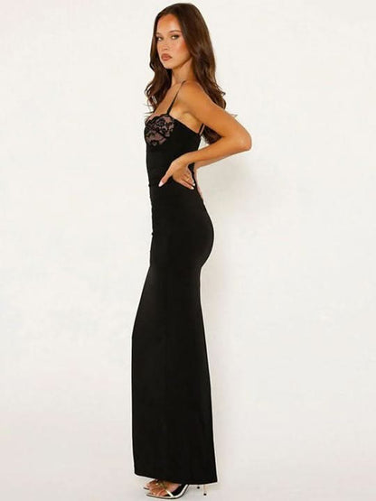 Black maxi dress with side slit and sleek knit fabric for women