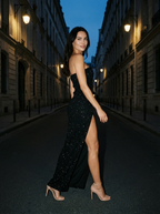 SABELA | BEADED STRAPLESS COWL MAXI DRESS - Black