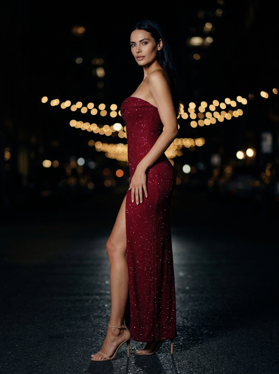 SABELA | BEADED STRAPLESS COWL MAXI DRESS - Burgundy
