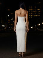 SABELA | BEADED STRAPLESS COWL MAXI DRESS - White