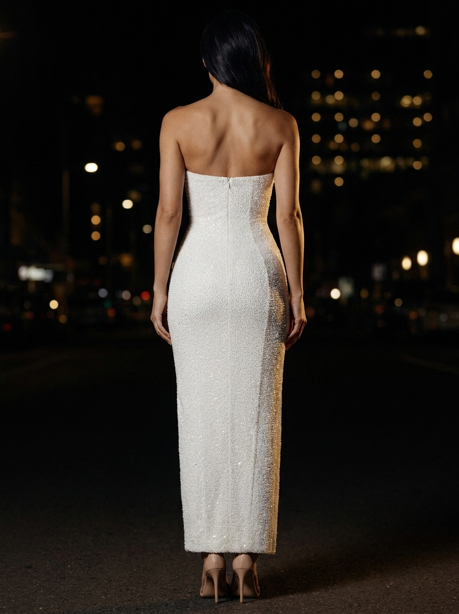 SABELA | BEADED STRAPLESS COWL MAXI DRESS - White