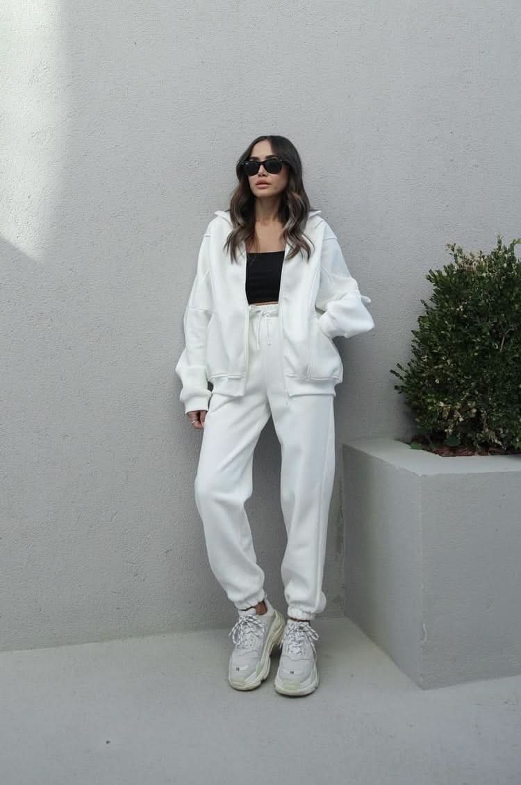 Cream white tracksuit with full-zip hoodie and relaxed jogger fit