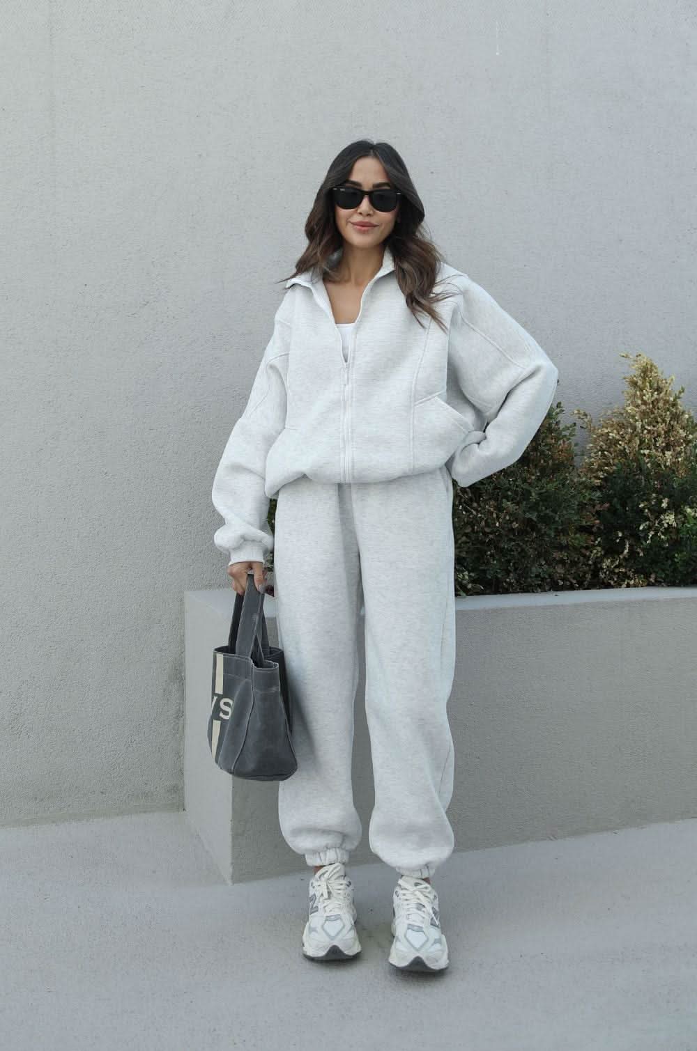 Light gray marl tracksuit with hooded jacket and tapered sweatpants